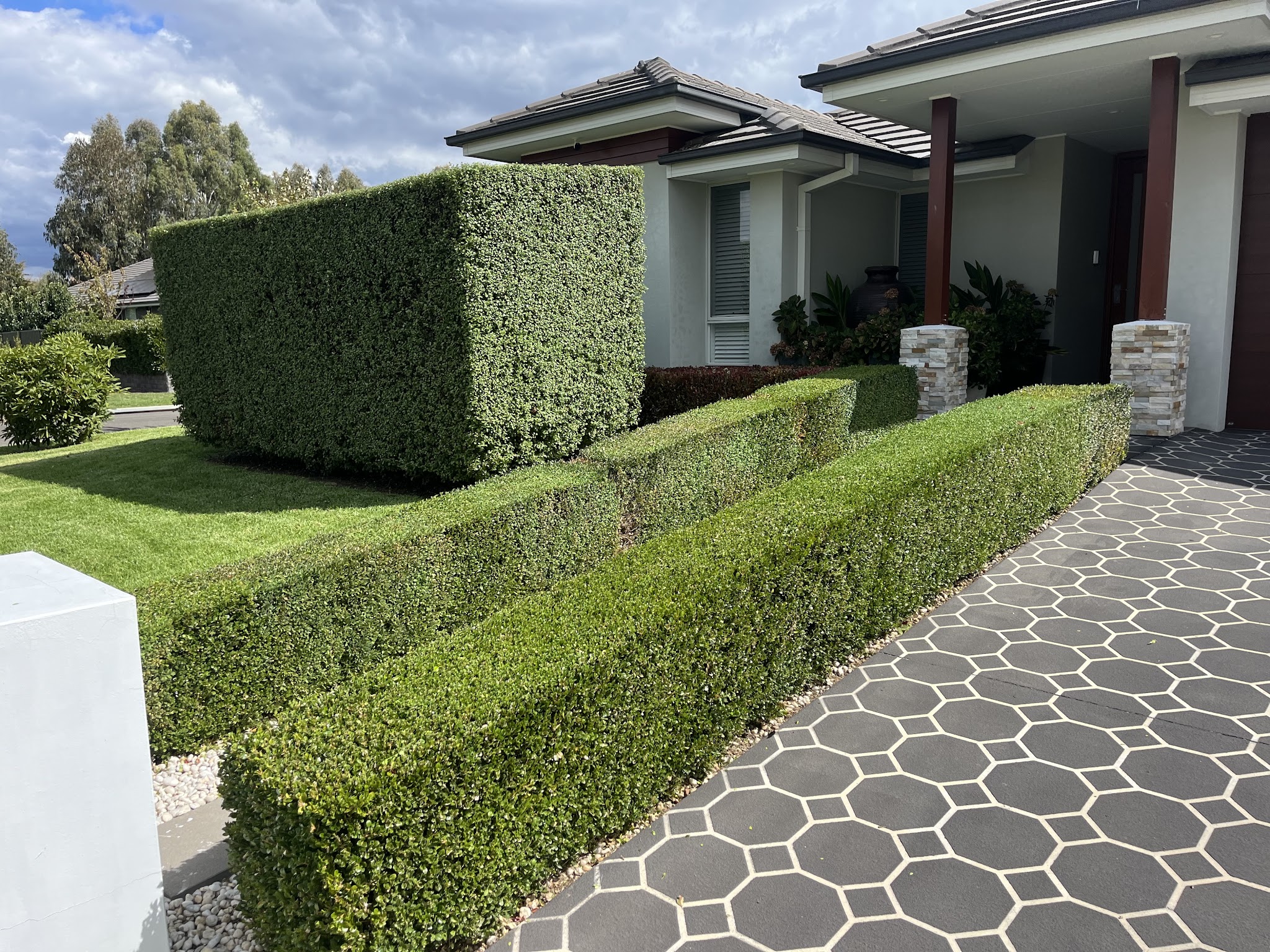 Precisely clipped hedges and a tidy lawn beside a garden path